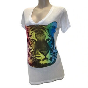 Freak Zoo V-Neck Colorful Tiger Print Fitted Tee Size Large